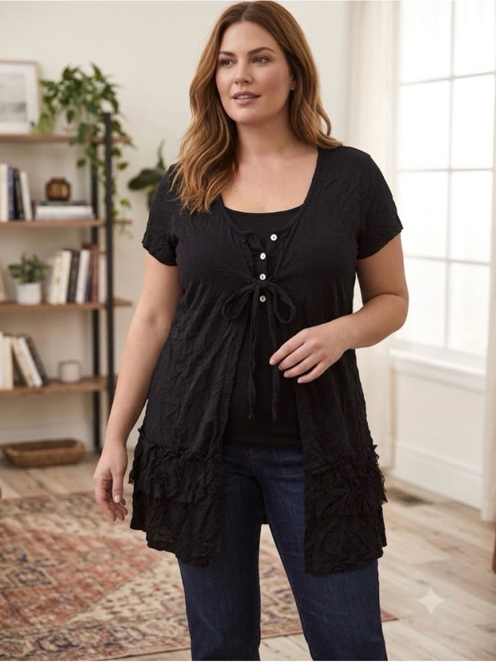 Women's Black Tie-Front Layered Tunic Top